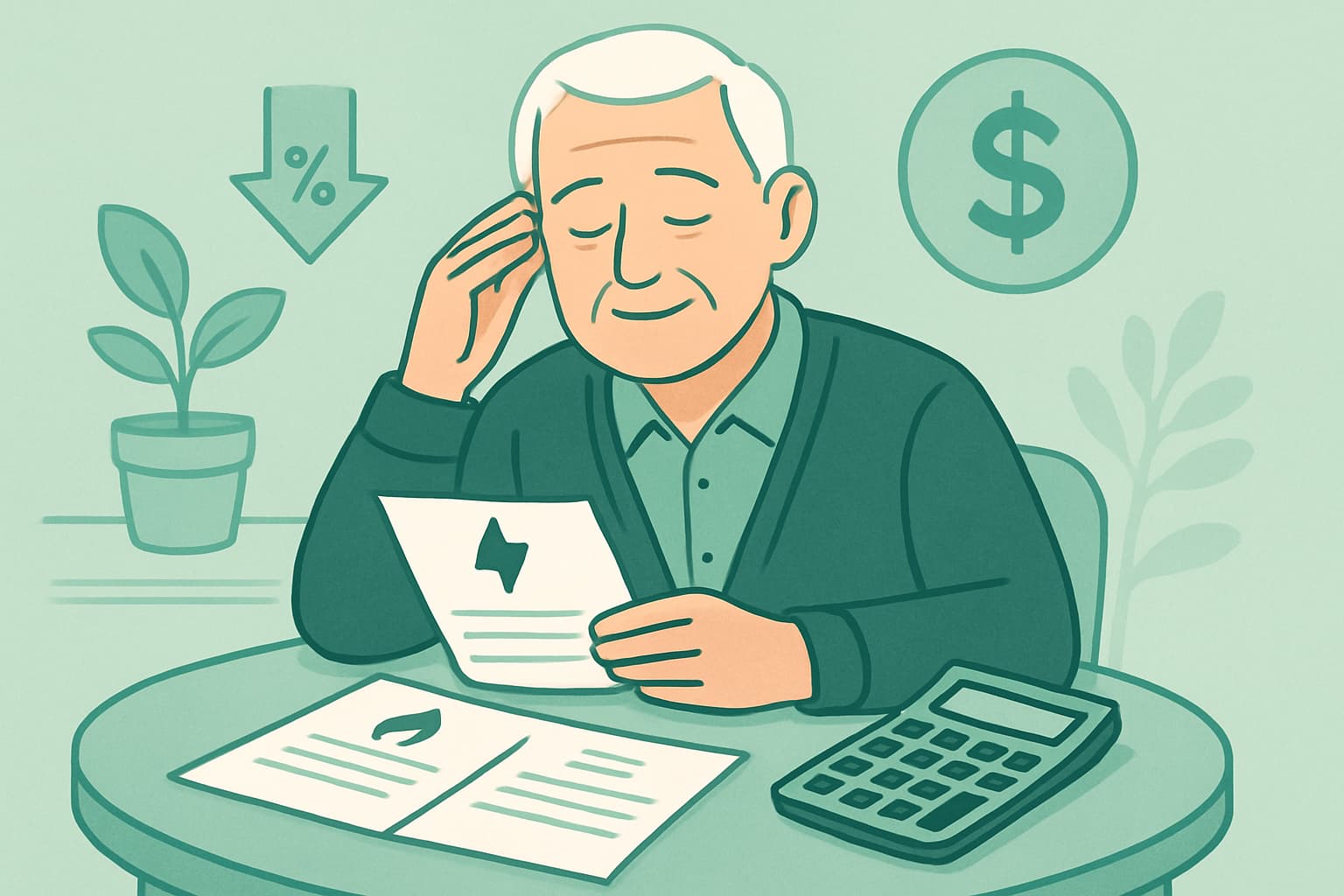 Facturas de luz y gas sobre una mesa con calculadora y elementos visuales de rebaja fiscal