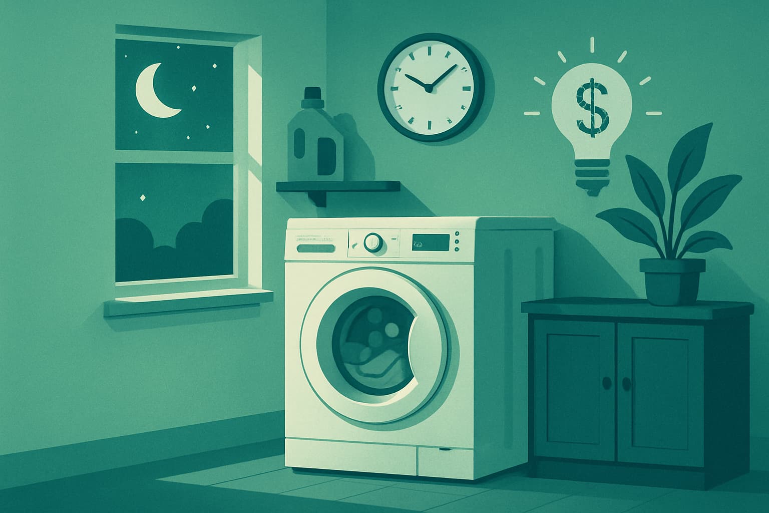 Lavadora encendida de noche aprovechando las horas valle del precio de la luz