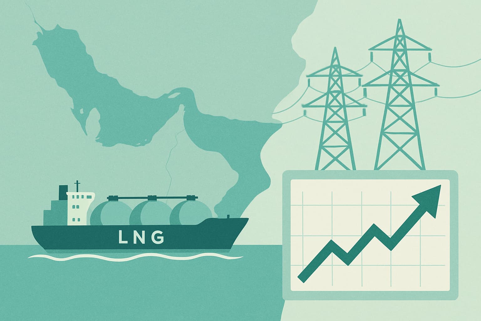 Ilustración de red eléctrica, buque metanero y gráfico de precios energéticos al alza