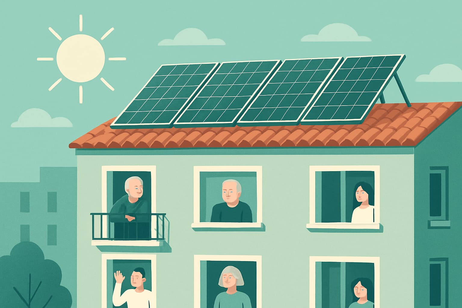 Paneles solares instalados en el tejado de un edificio de viviendas en España